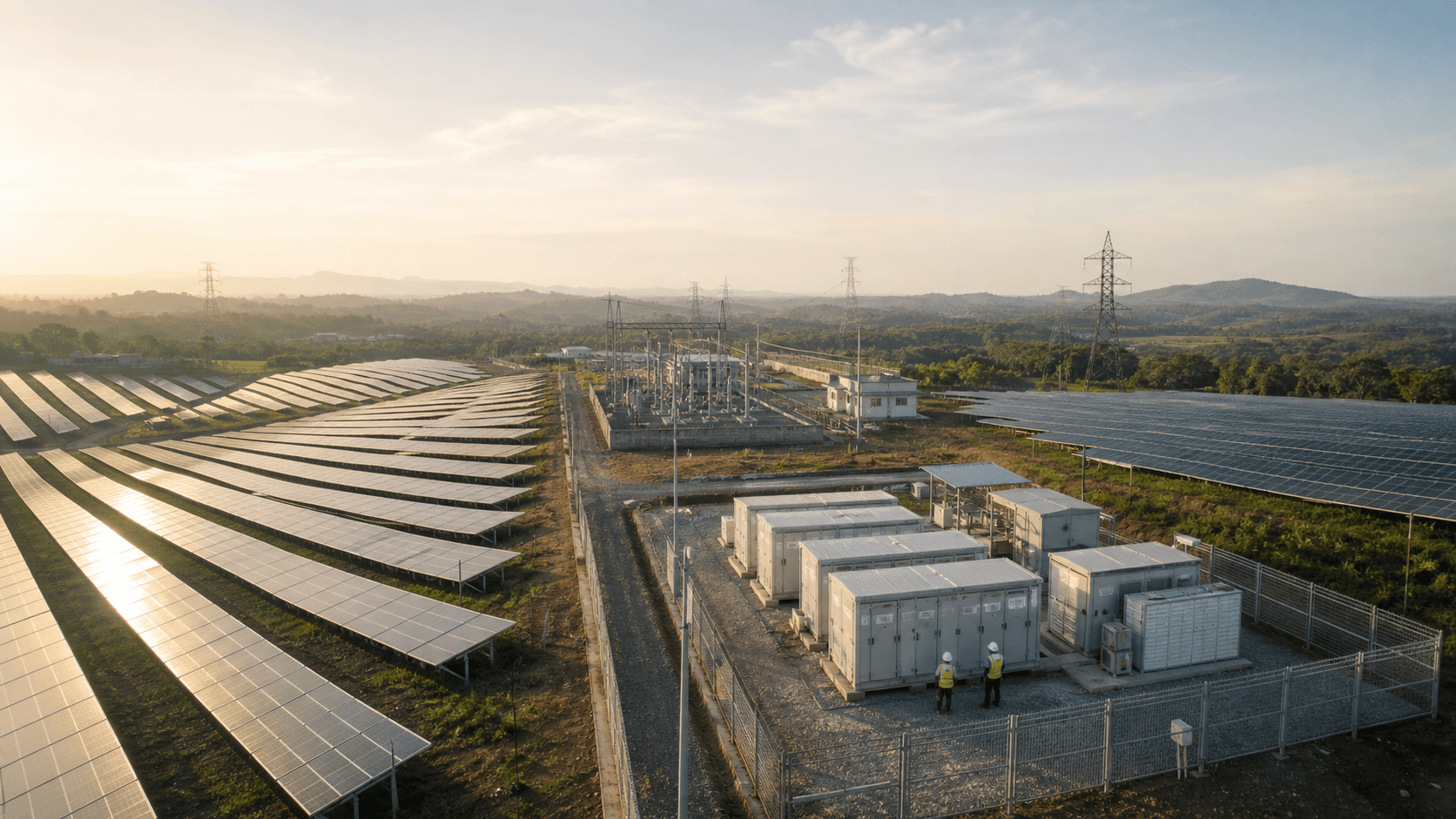 Solar power generation facility with photovoltaic arrays, electrical infrastructure and engineers inspecting equipment